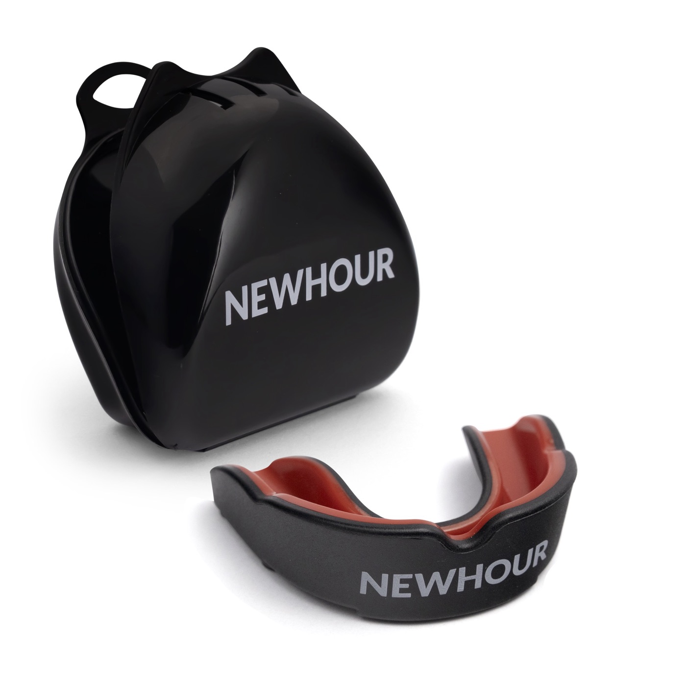 Obsidian NewHour mouthguard with its original glossy black vented hardshell case